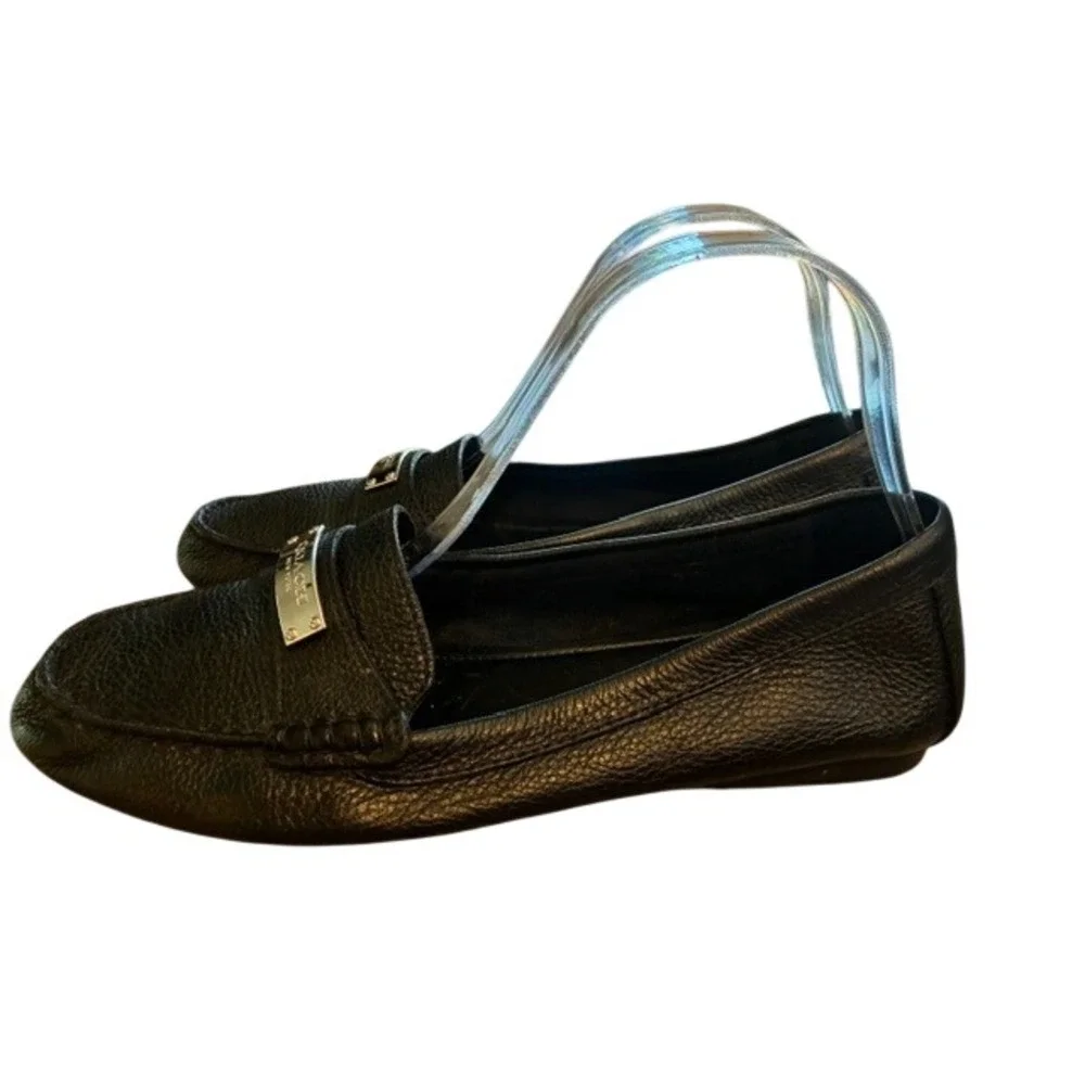 Coach Loafers Womens 8.5B Black Excellent Pebbled Leather Silver Logo Flats